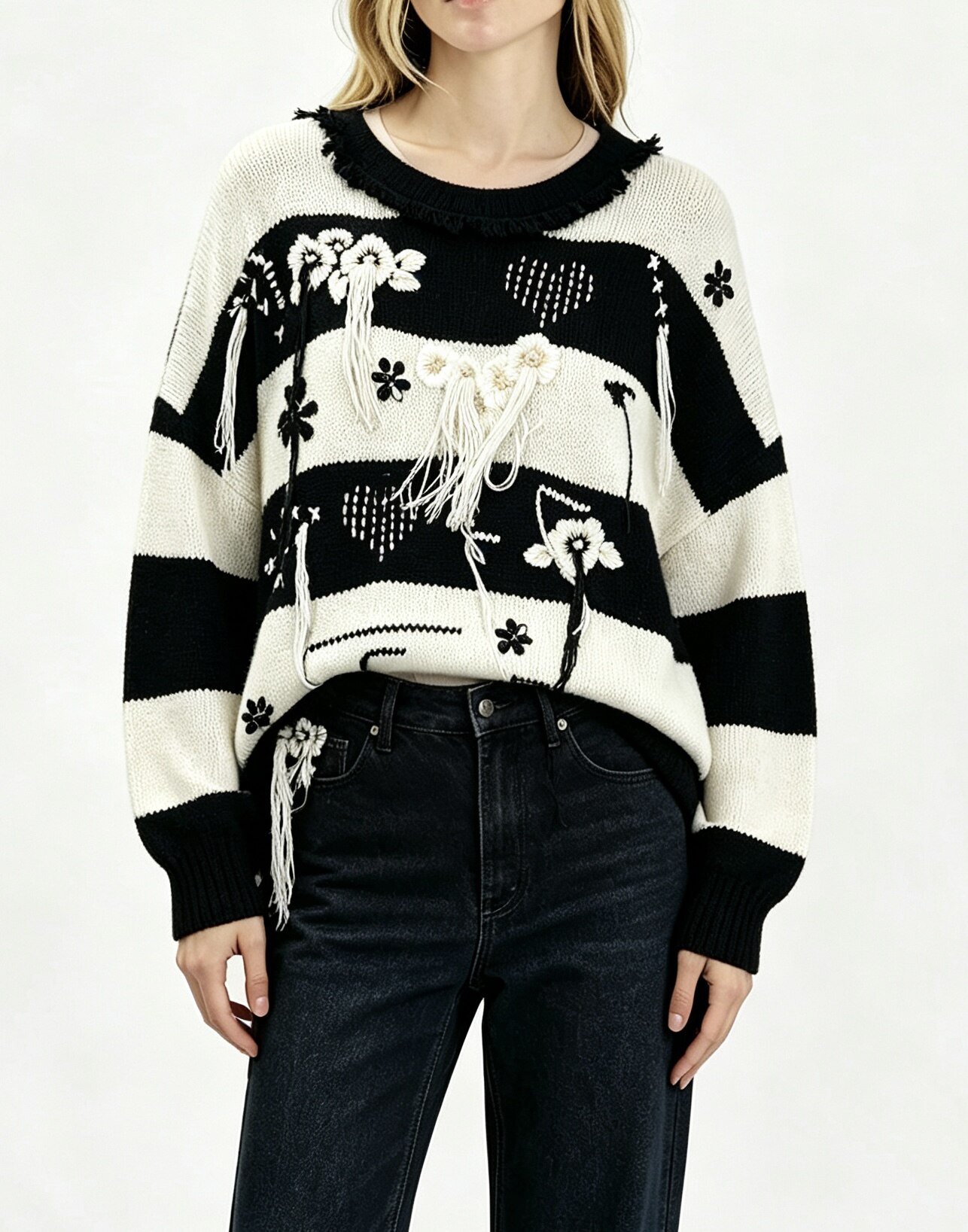 Floral Tassel Stripe Sweater