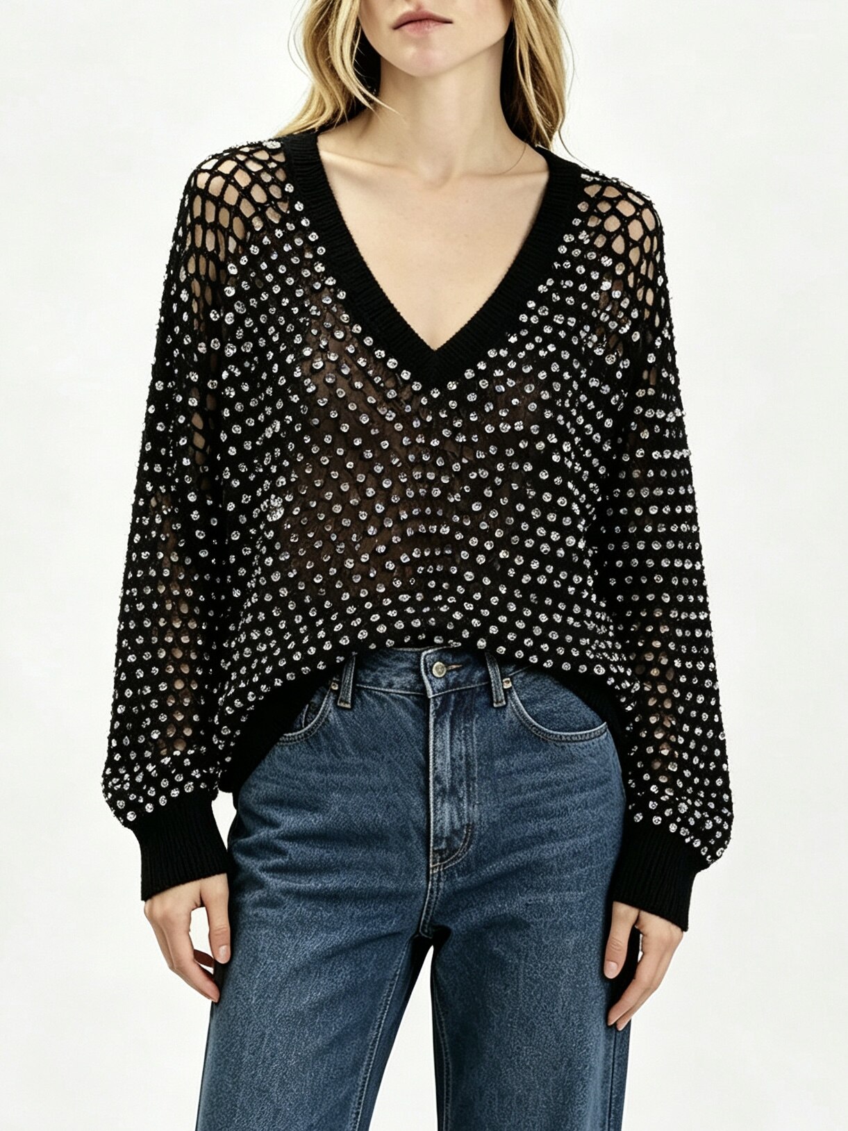 Crystal Mesh V-Neck Sweater