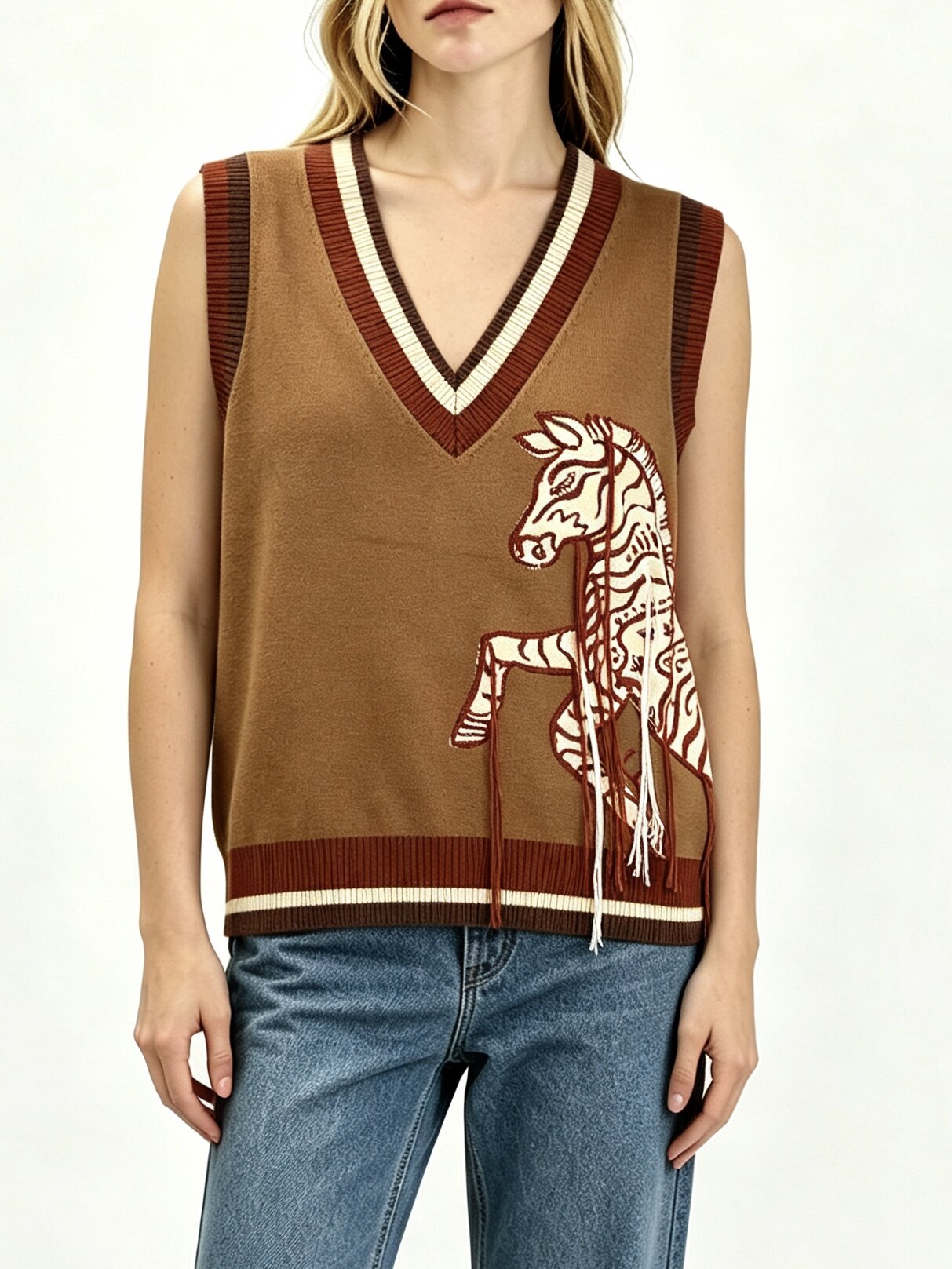 Horse Appliqué V-Neck Vest