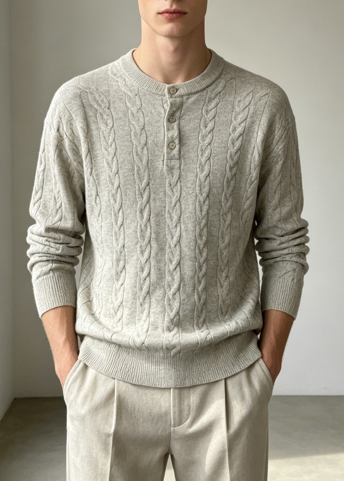 Men's Knitting Craft - Grey Cable Knit Henley Sweater