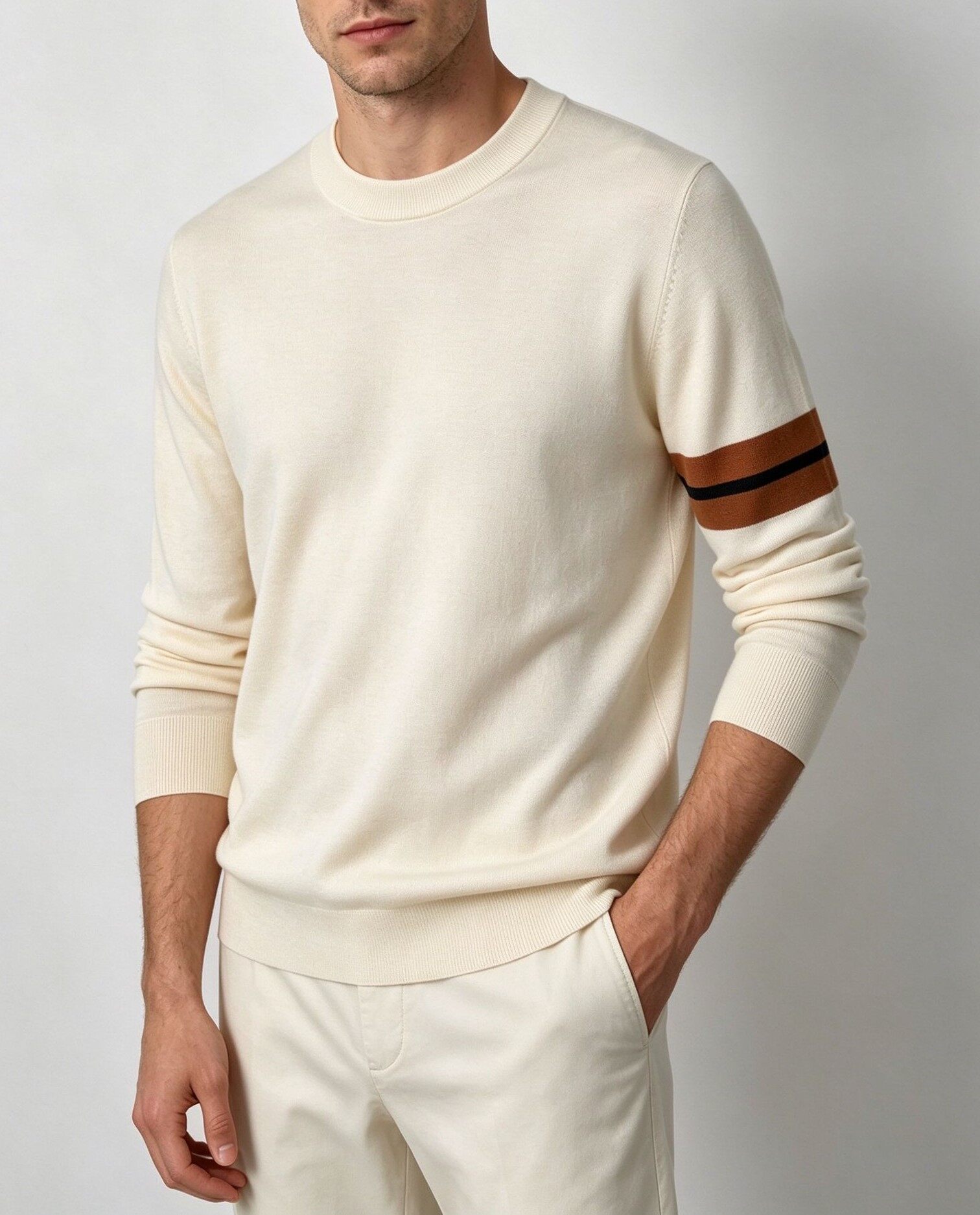 Men's Knitting Craft - Cream Crewneck with Sleeve Stripes