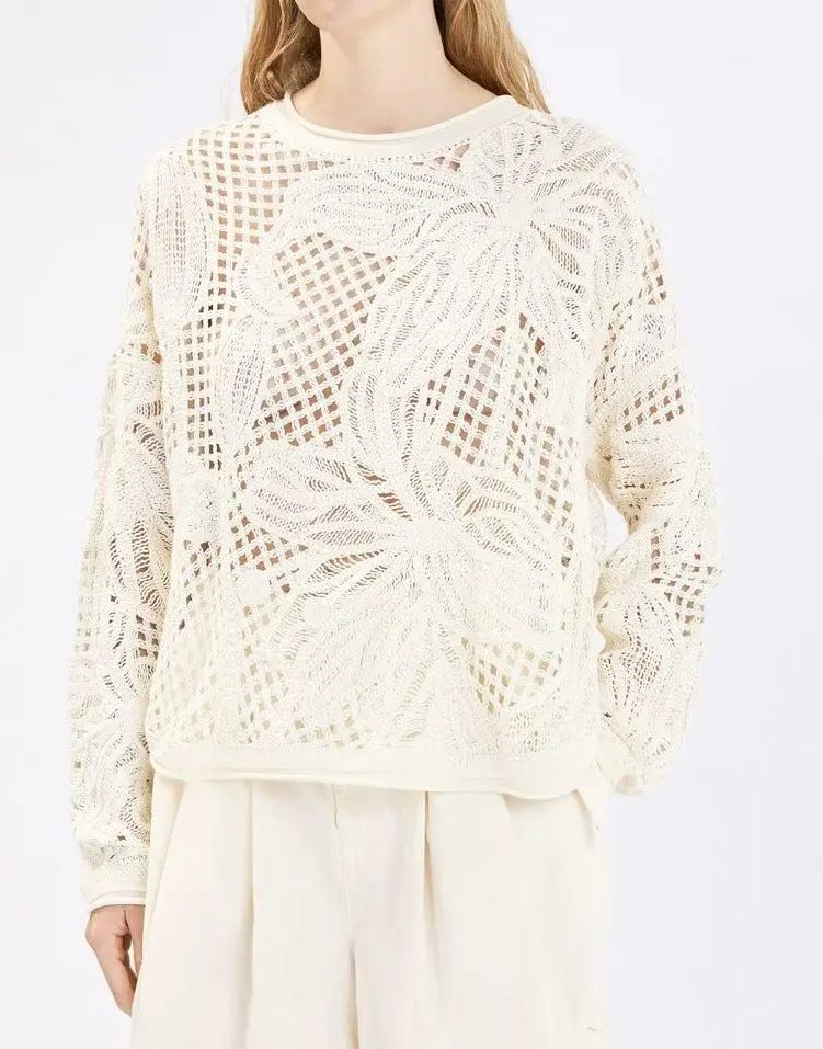 Hand Crochet&Machine Crochet - Cream Open-Knit Floral Sweater