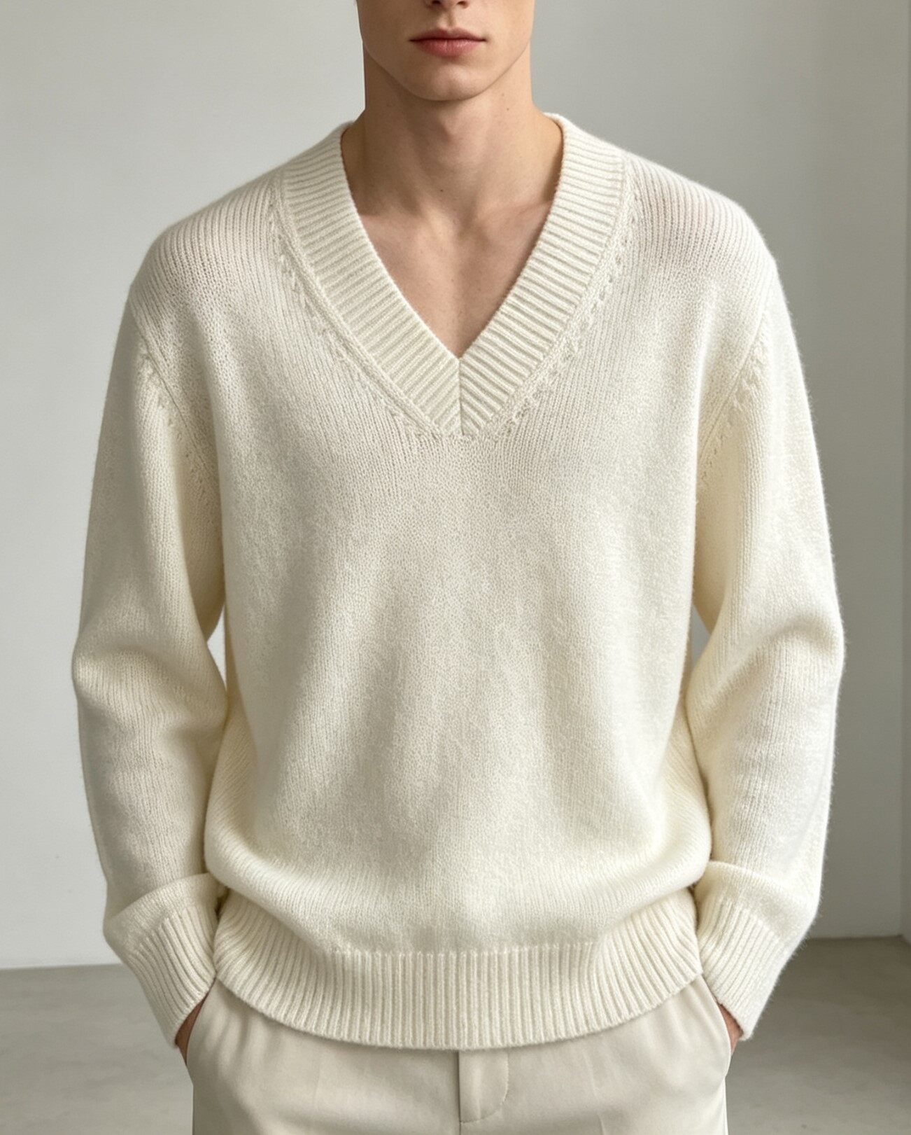 Men's Knitting Craft - Cream V-Neck Sweater