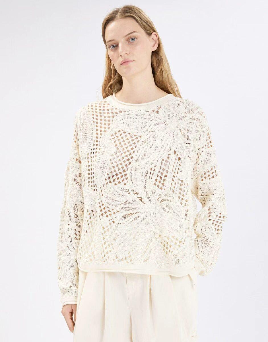 Hand Crochet&Machine Crochet - Cream Open-Knit Floral Sweater thumbnail 2