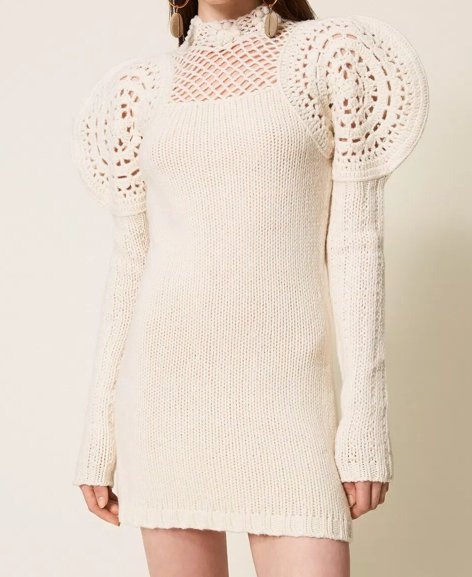 Hand Crochet&Machine Crochet - White Puff Sleeve Knit Dress