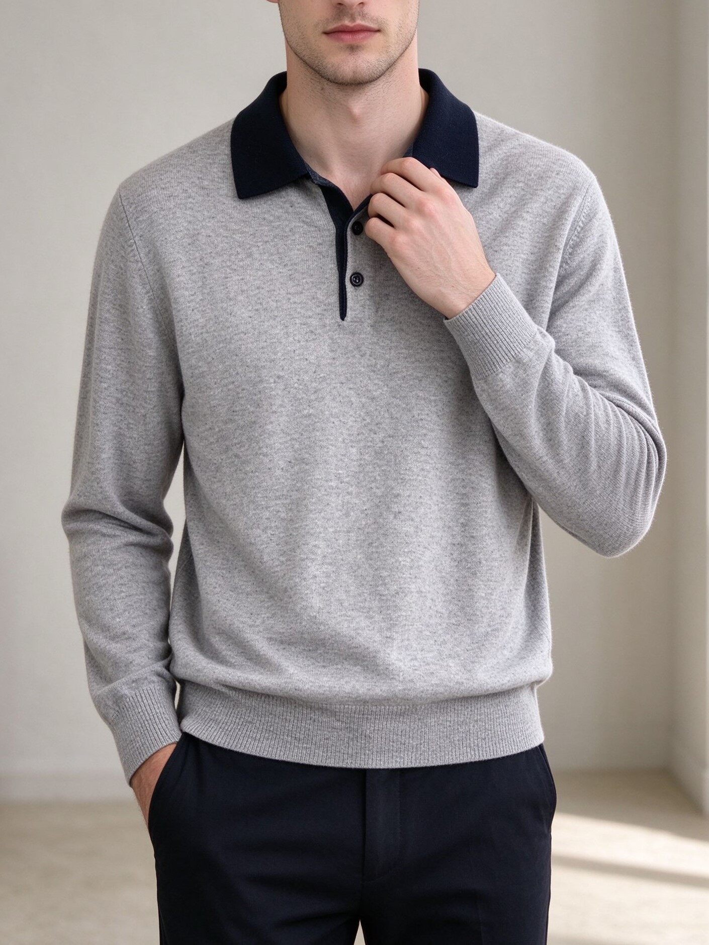 Men's Knitting Craft - Grey Navy Polo Sweater