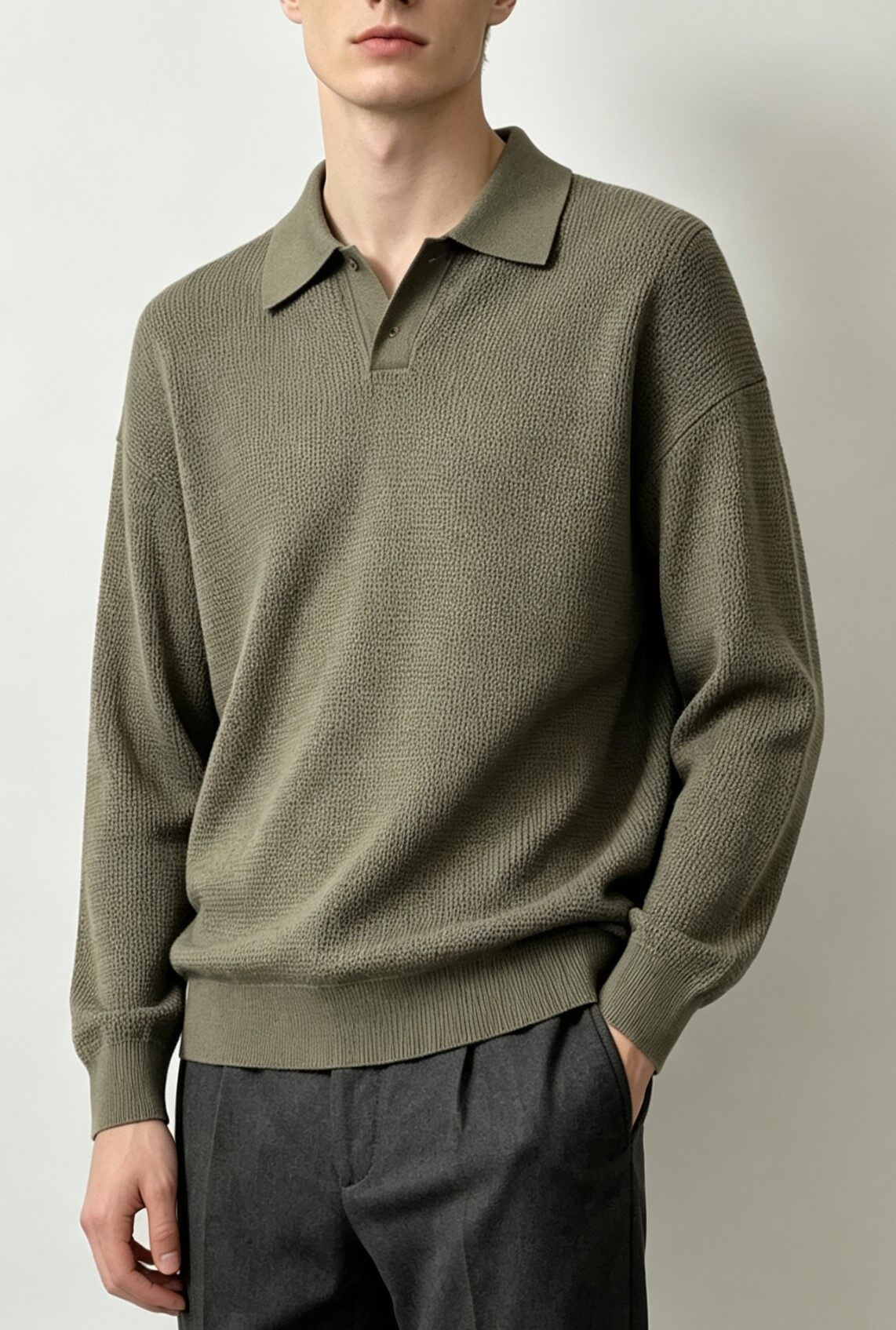 Men's Knitting Craft - Olive Knit Polo Sweater