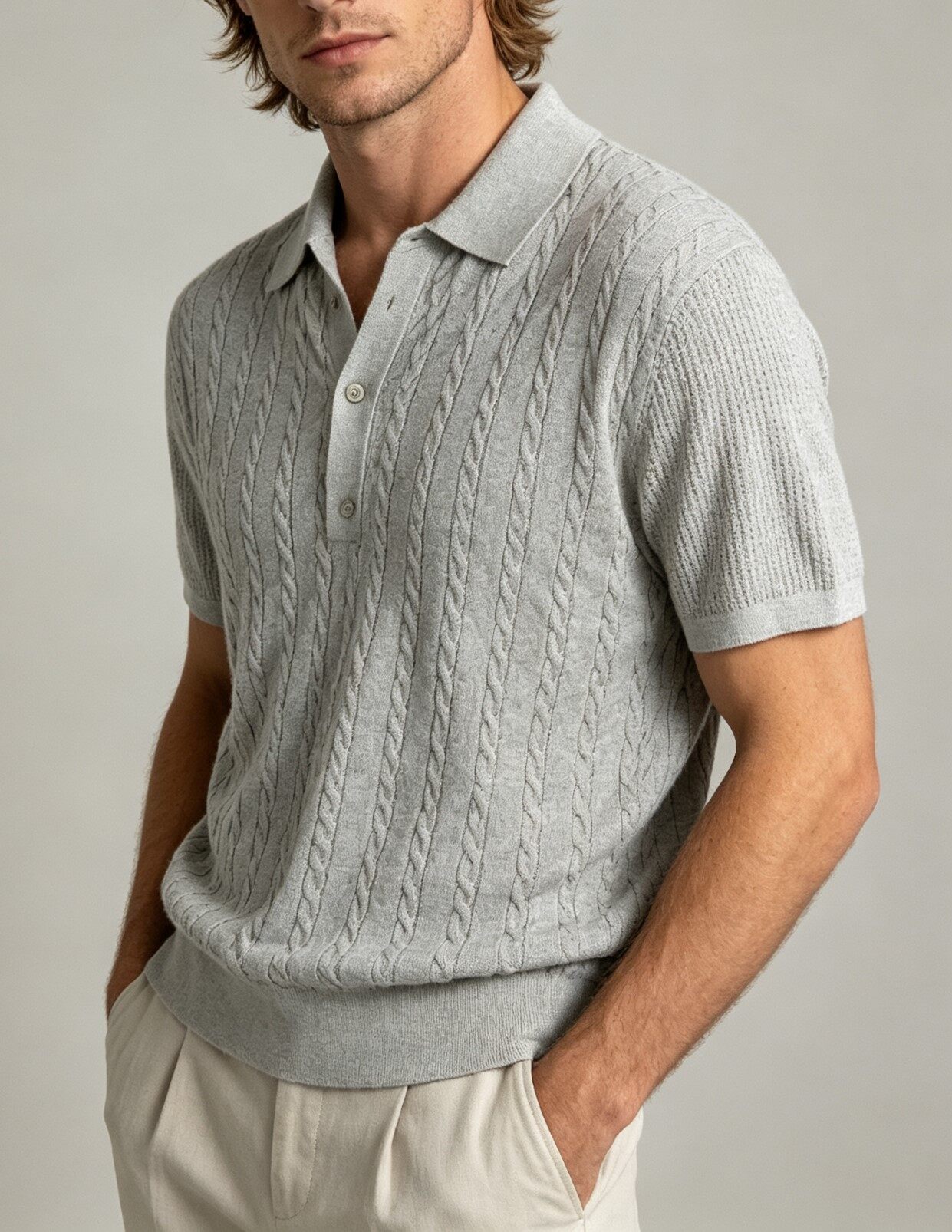 Men's Knitting Craft - Grey Cable Knit Polo Shirt