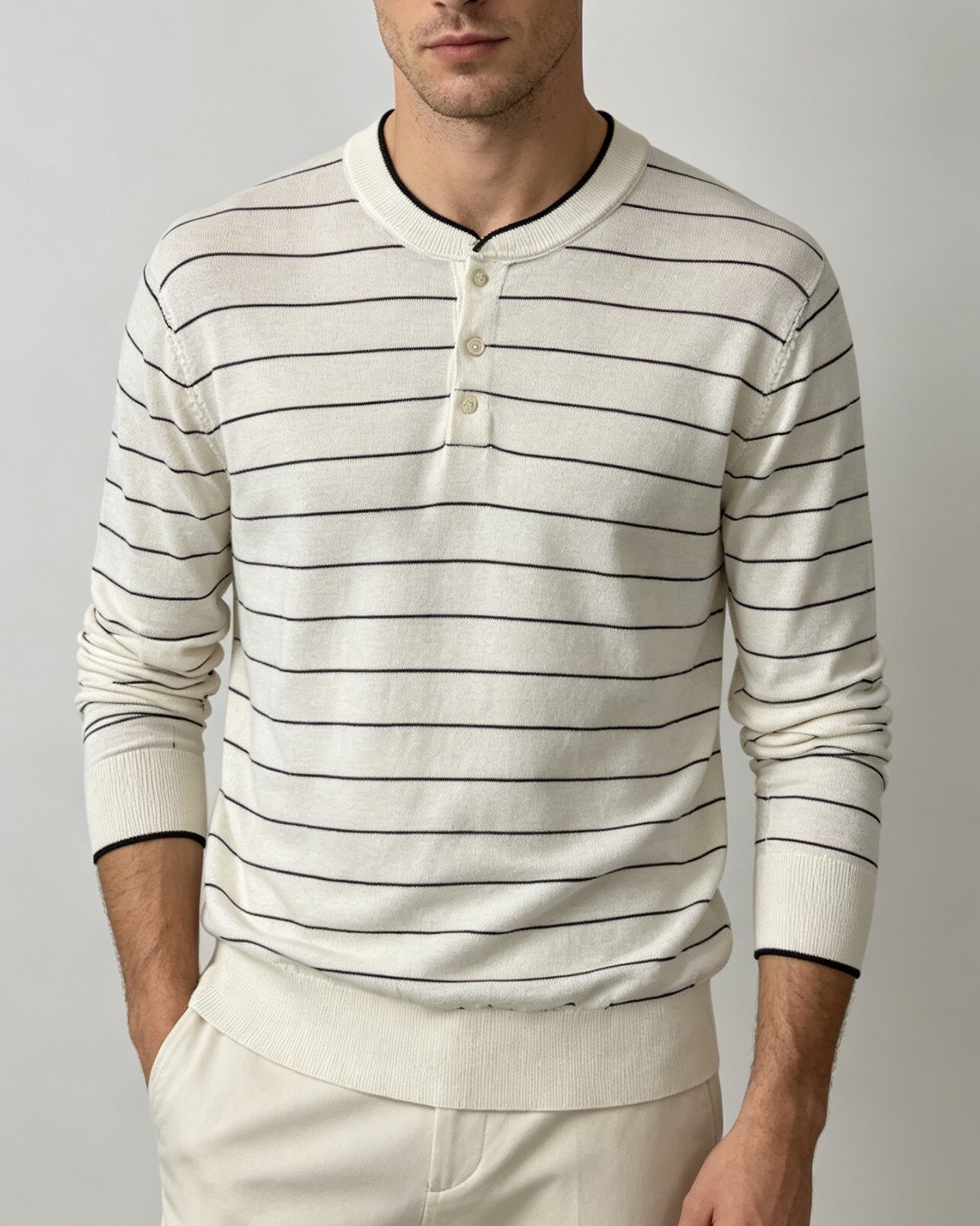 Men's Knitting Craft - White Striped Henley Sweater