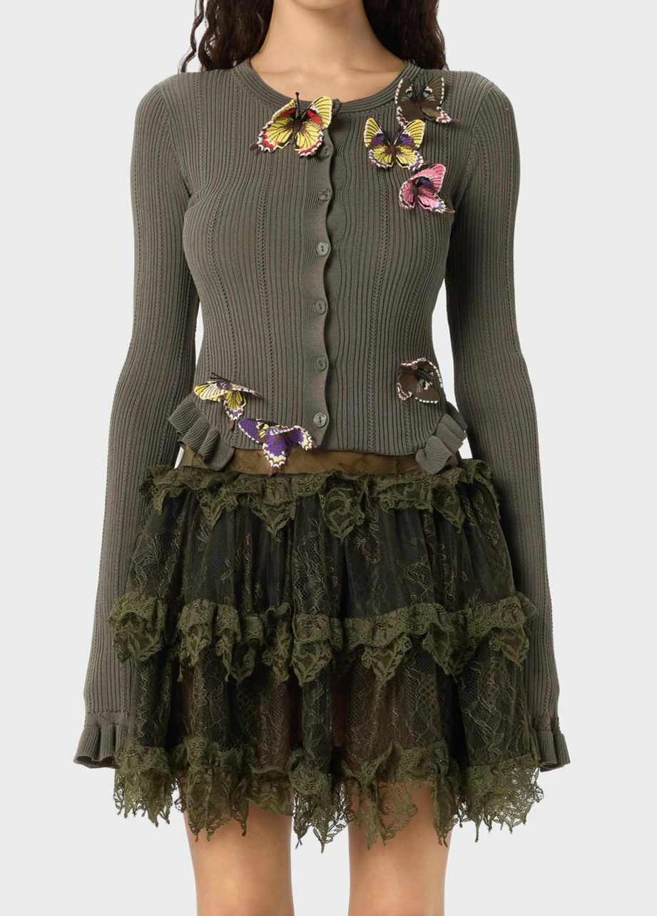 Computer Embroidery - Olive Butterfly Embroidered Cardigan