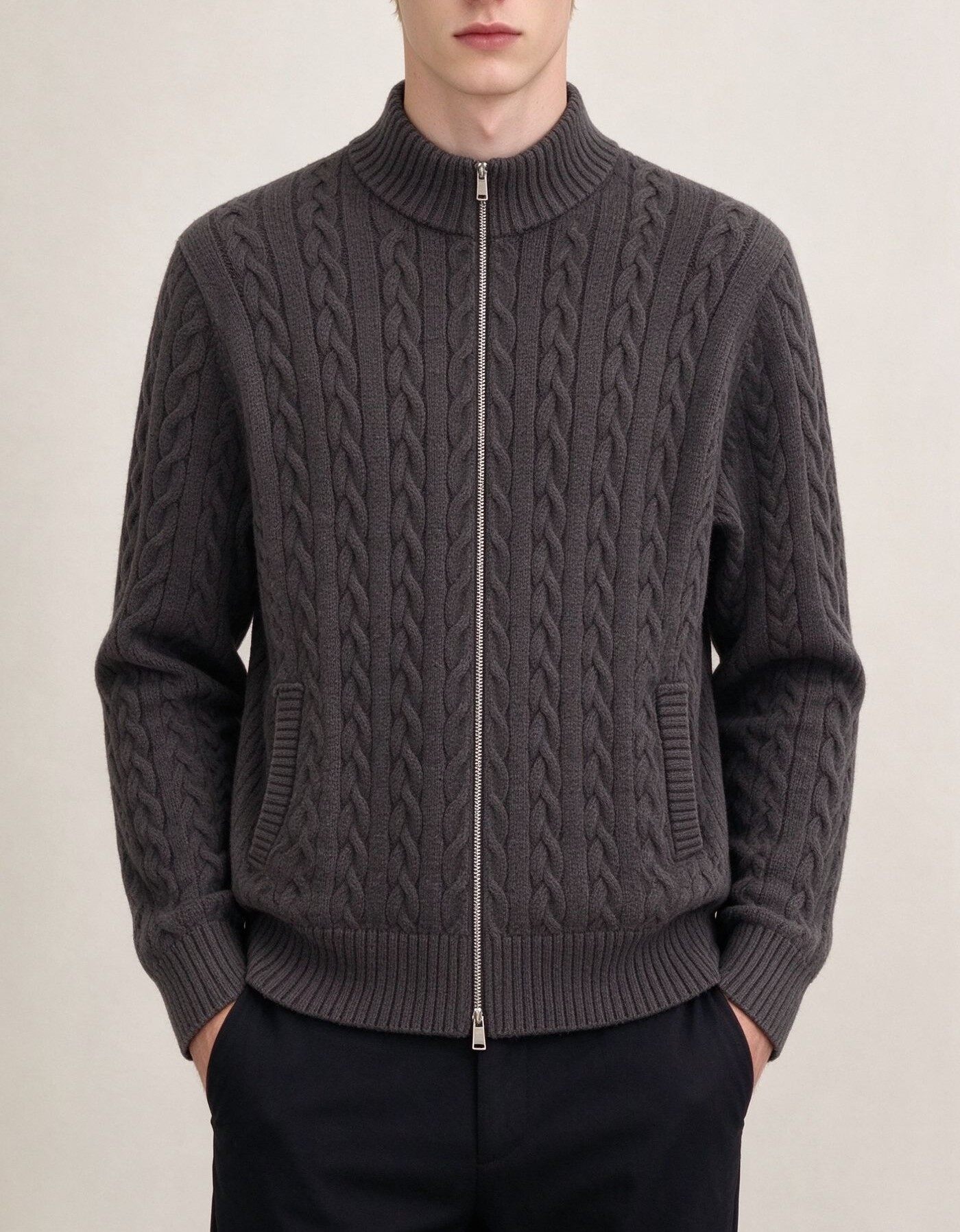 Men's Knitting Craft - Dark Grey Cable Knit Zip Jacket