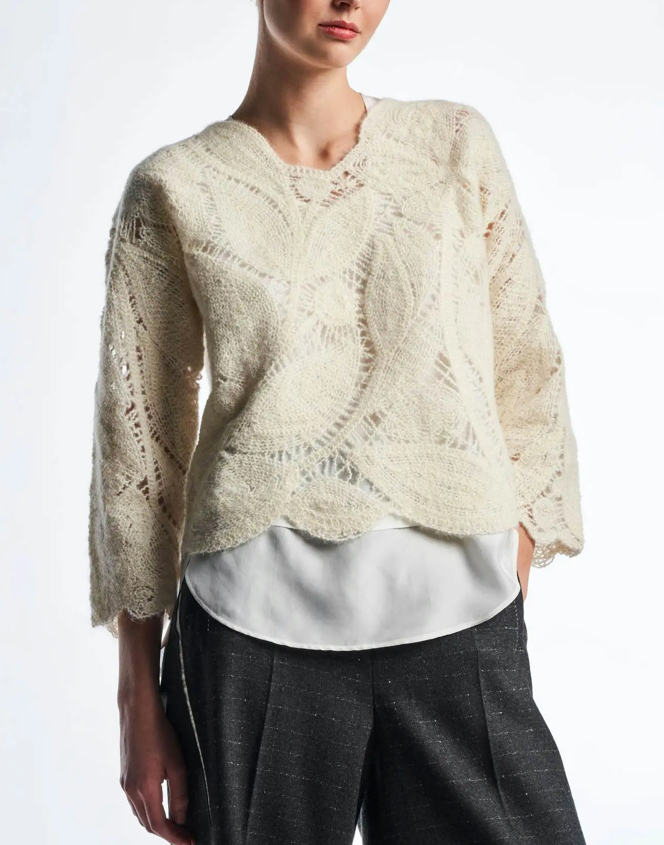 Hand Crochet&Machine Crochet - Cream Lace Open-Knit Sweater