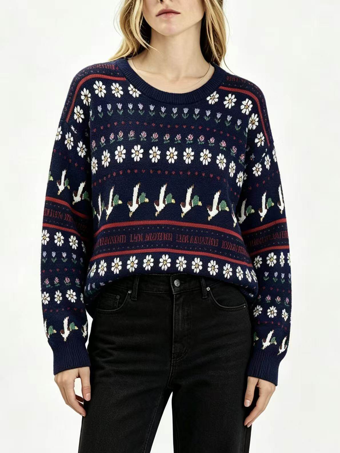 Jacquard Hanging Series - Navy Floral Duck Sweater