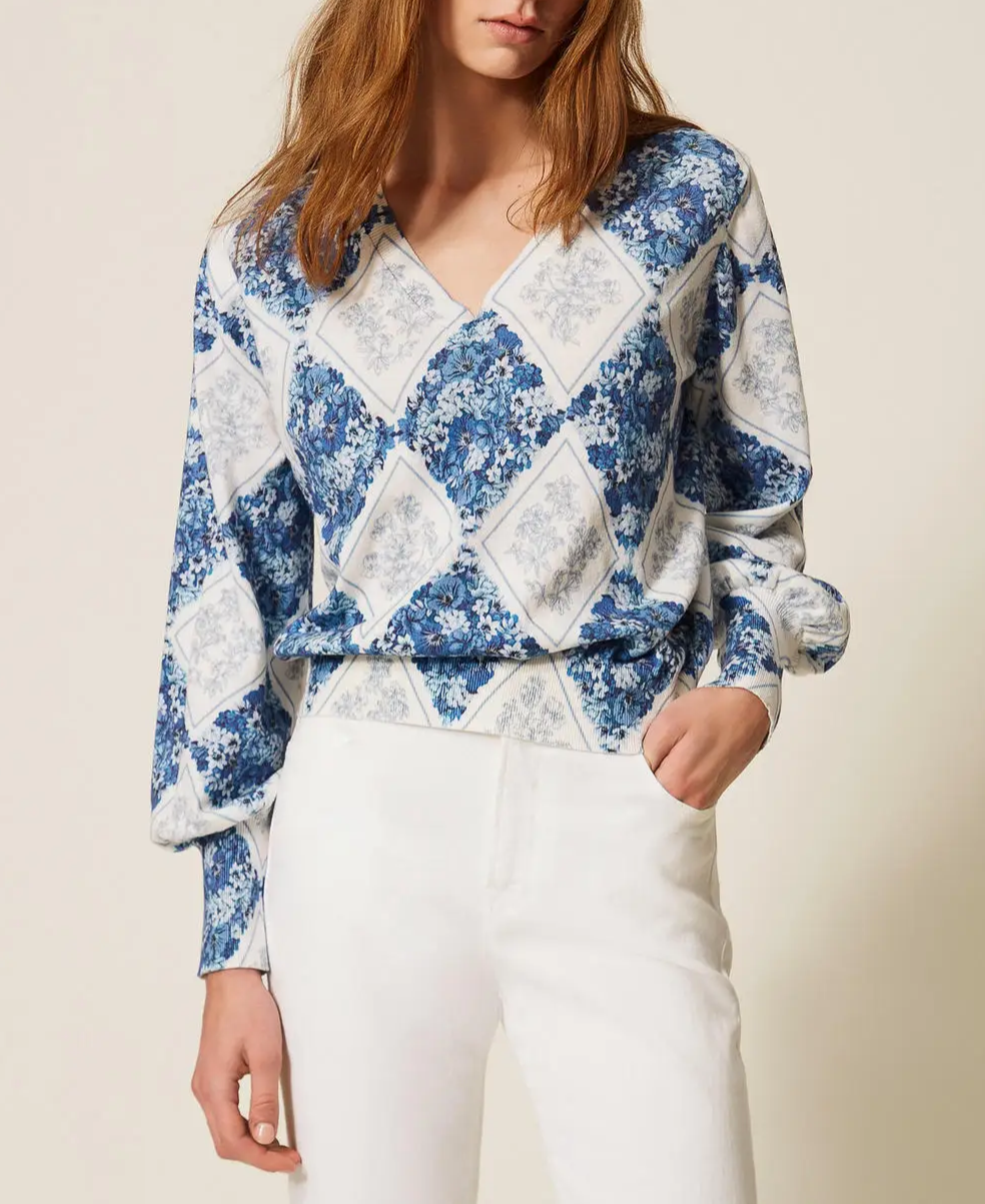 Blue Floral Diamond Sweater