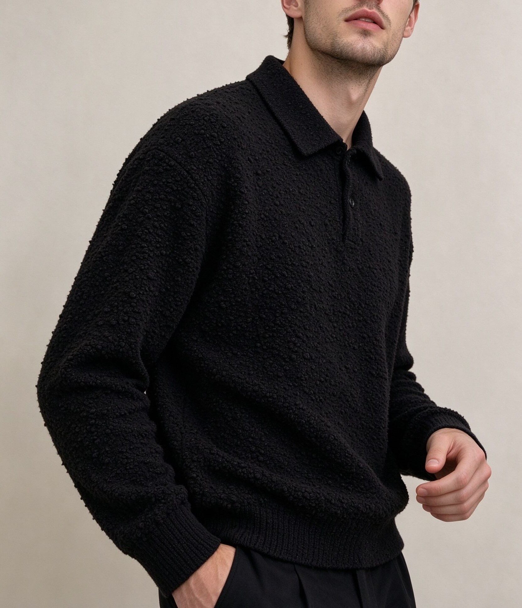 Men's Knitting Craft - Black Boucle Polo Sweater