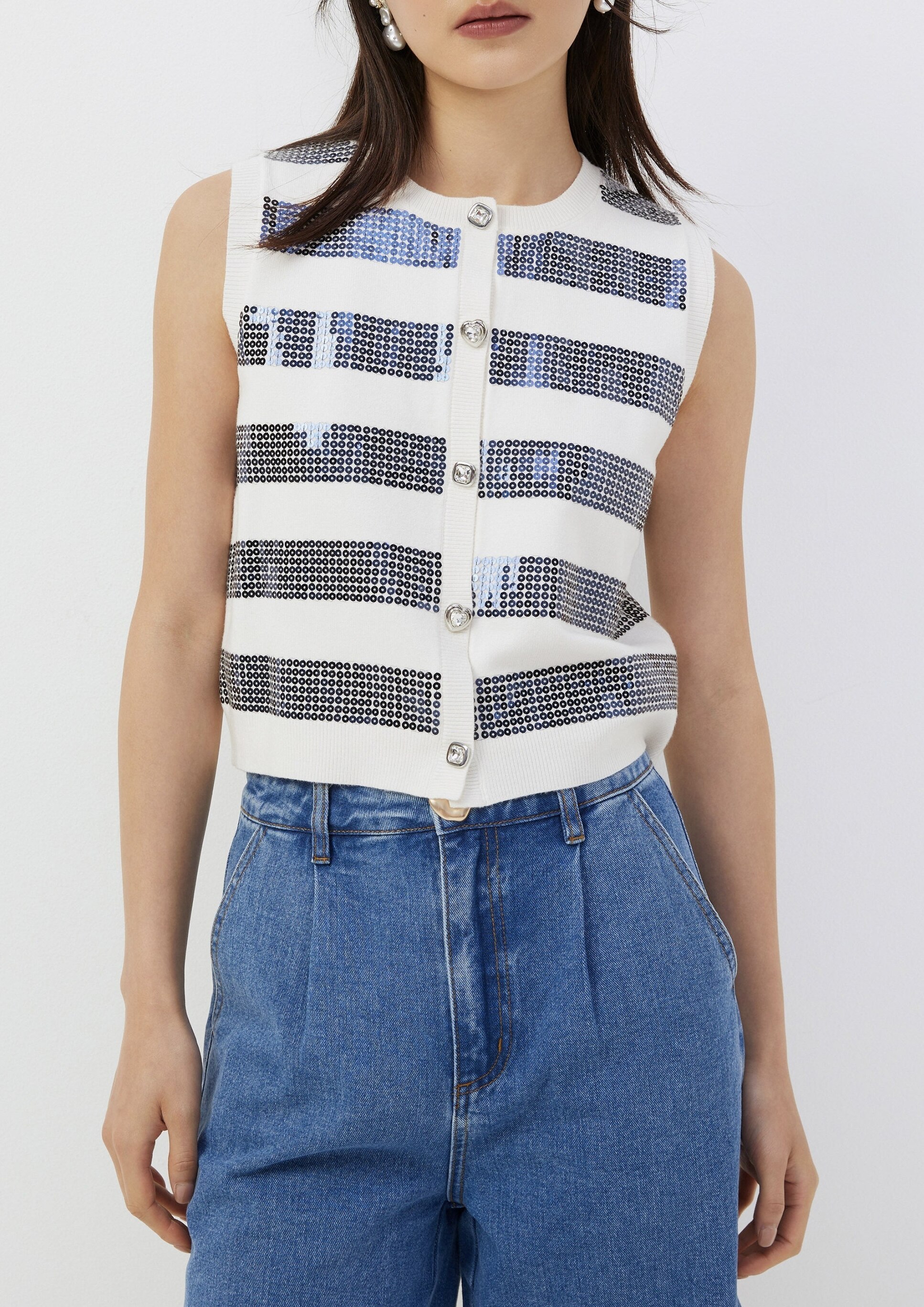 Computer Embroidery - White Sequin Stripe Vest