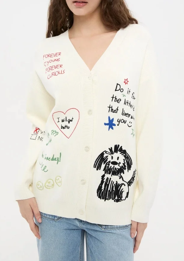 Computer Embroidery - Cream Doodle Embroidered Cardigan