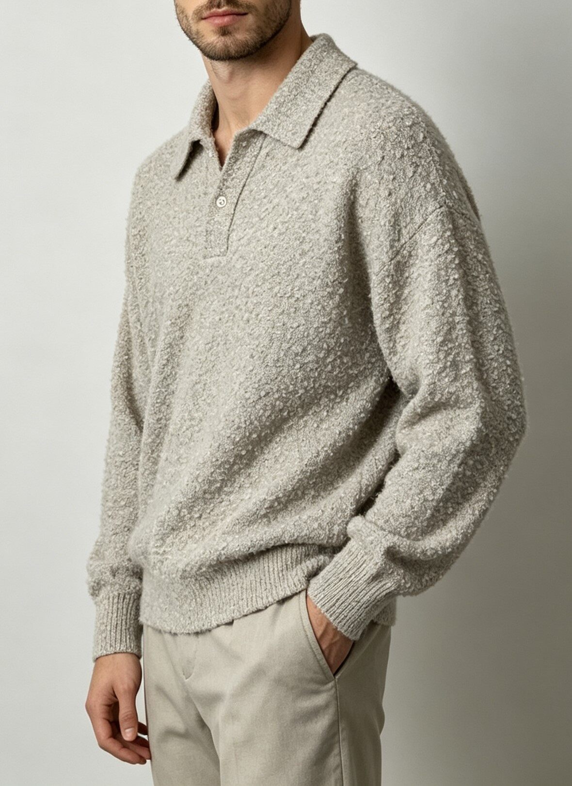 Men's Knitting Craft - Grey Boucle Polo Sweater