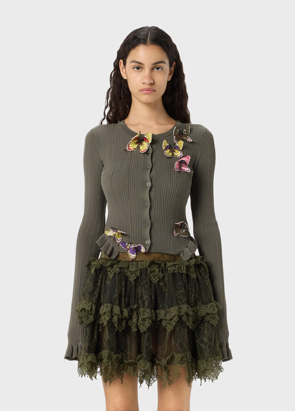 Computer Embroidery - Olive Butterfly Embroidered Cardigan thumbnail 2