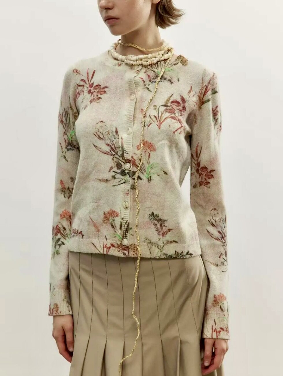 Cashmere and Wool Series - Botanical Print Cardigan
