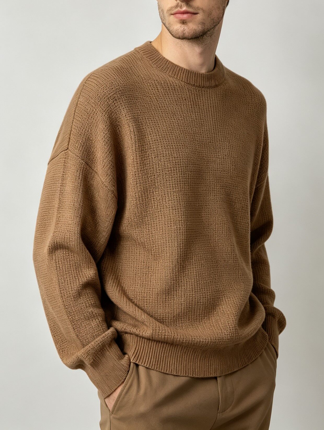 Men's Knitting Craft - Camel Waffle Knit Sweater