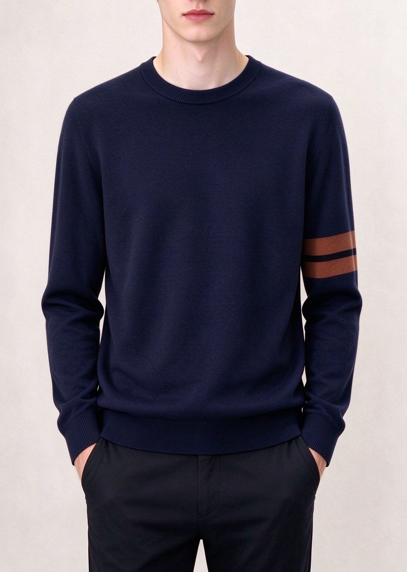 Men's Knitting Craft - Navy Crewneck Sweater with Sleeve Stripes