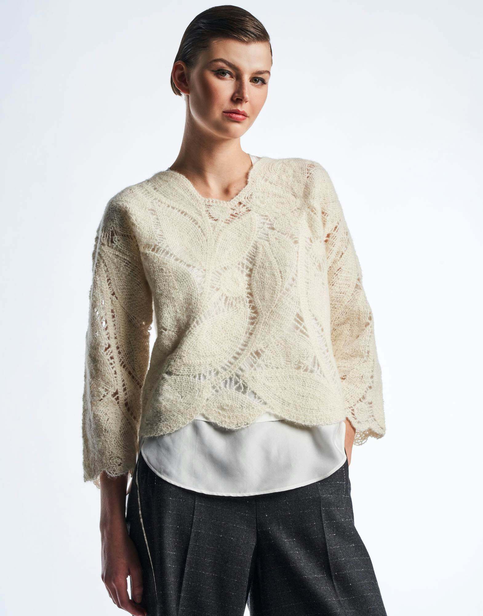 Hand Crochet&Machine Crochet - Cream Lace Open-Knit Sweater thumbnail 2