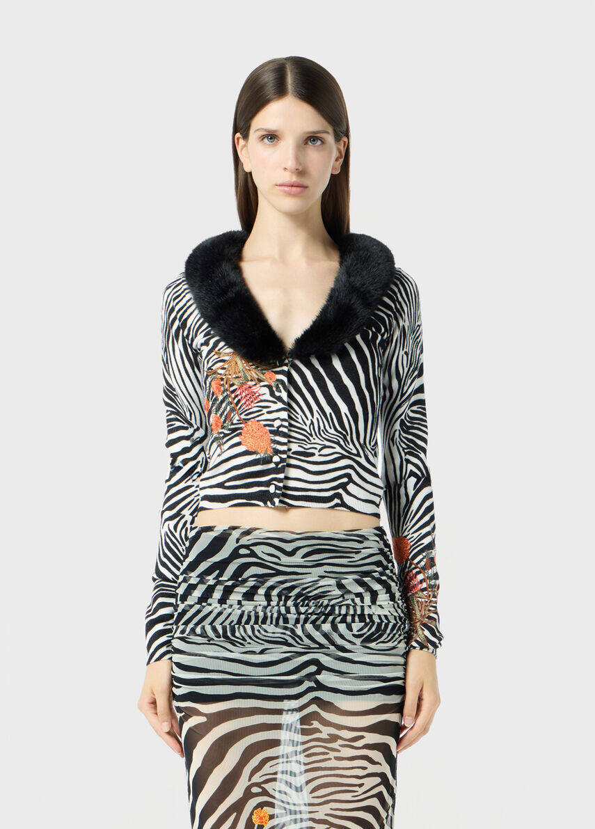 Computer Embroidery - Zebra Print Fur Collar Cardigan thumbnail 2