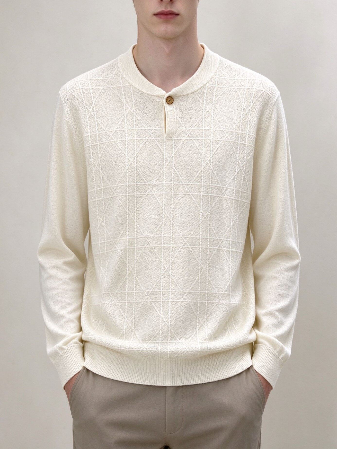 Men's Knitting Craft - Cream Geometric Pattern Henley