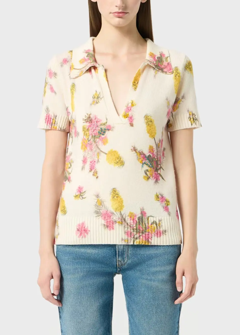 Floral Collar Polo Knit Top