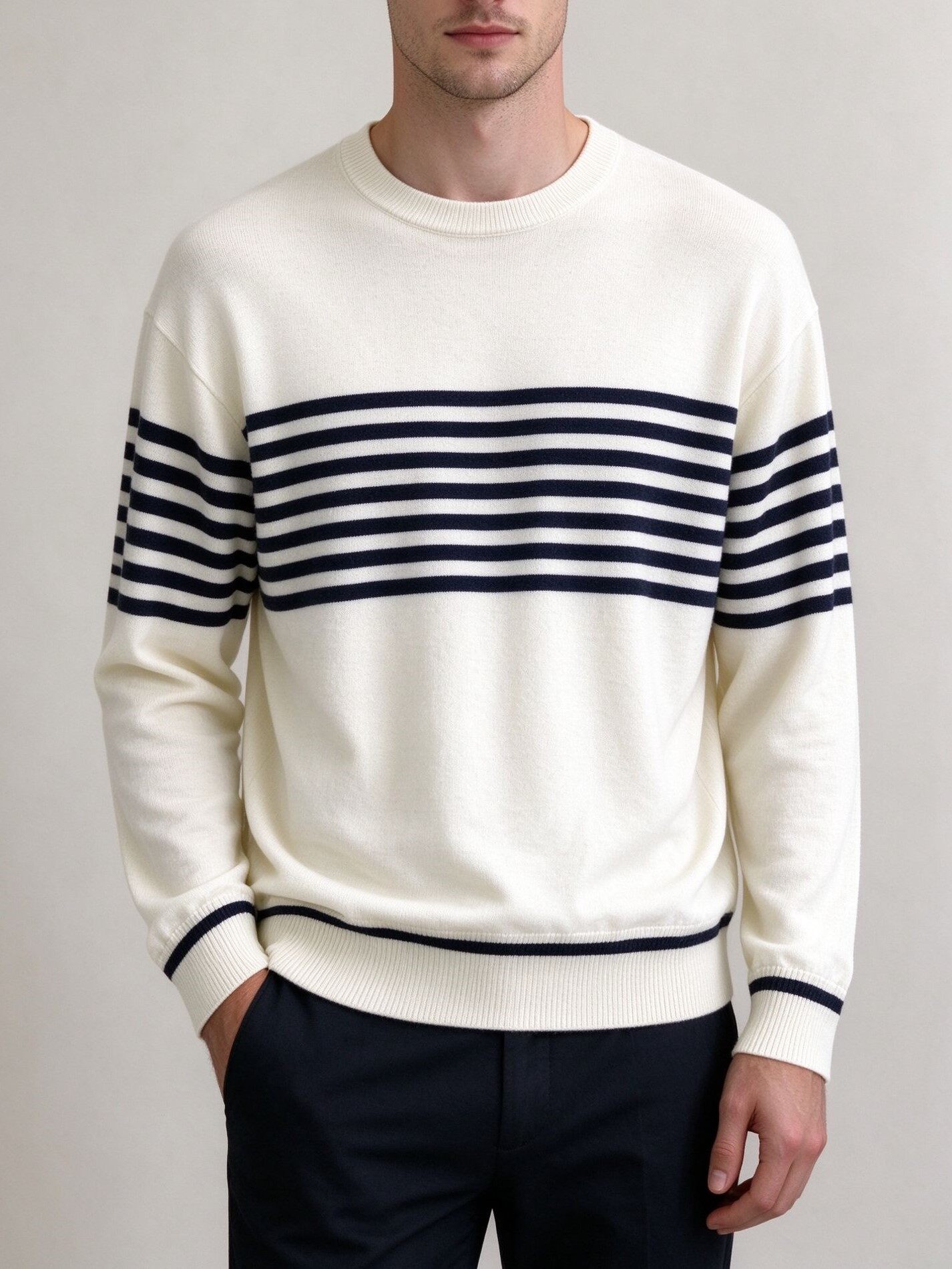 Men's Knitting Craft - Cream Navy Stripe Sweater