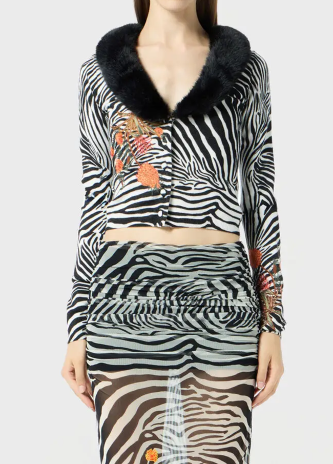 Computer Embroidery - Zebra Print Fur Collar Cardigan