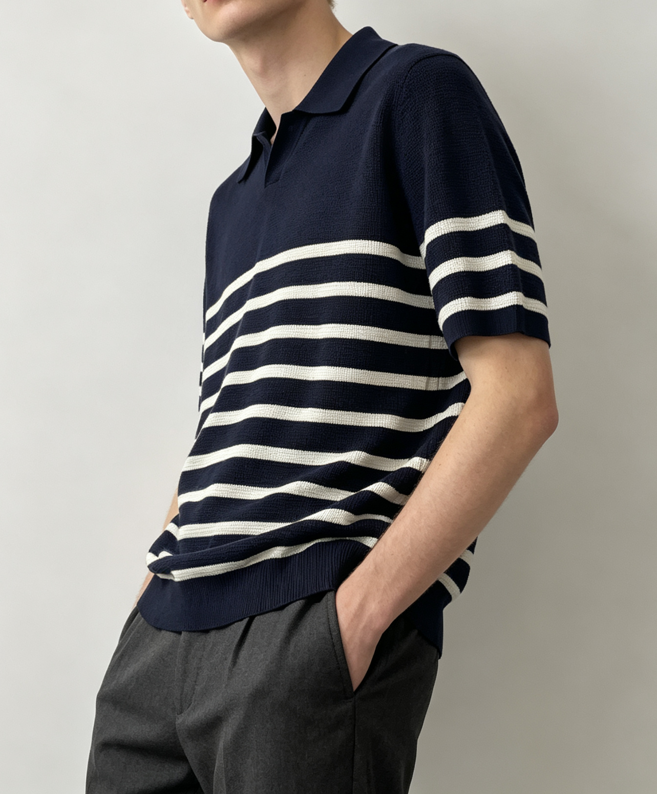 Men's Knitting Craft - Navy Stripe Polo Shirt