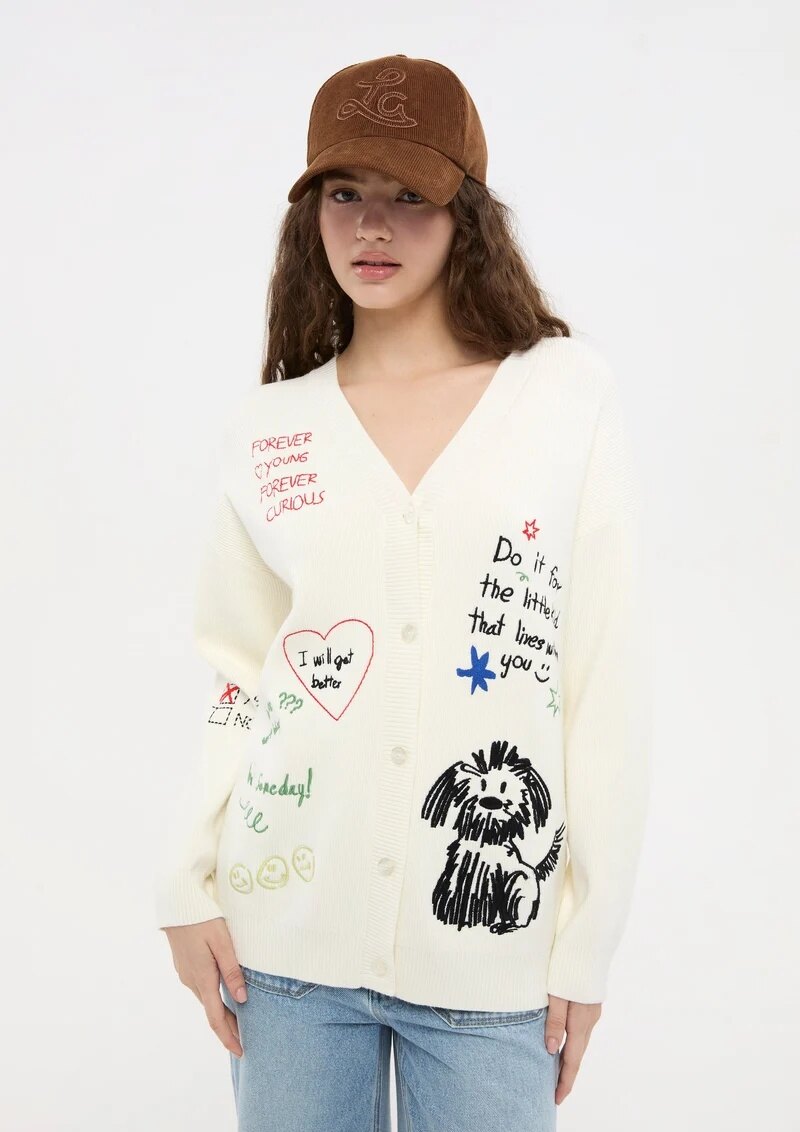 Computer Embroidery - Cream Doodle Embroidered Cardigan thumbnail 2
