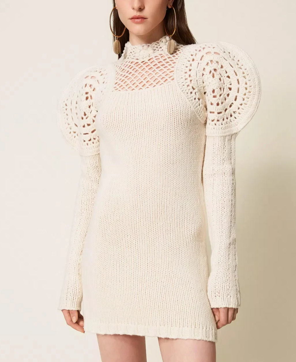Crochet Puff Sleeve Knit Dress