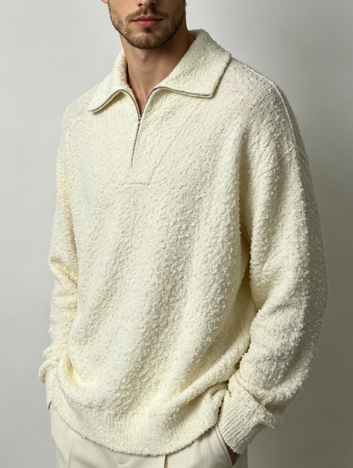 Men's Knitting Craft - Cream Boucle Half-Zip Sweater
