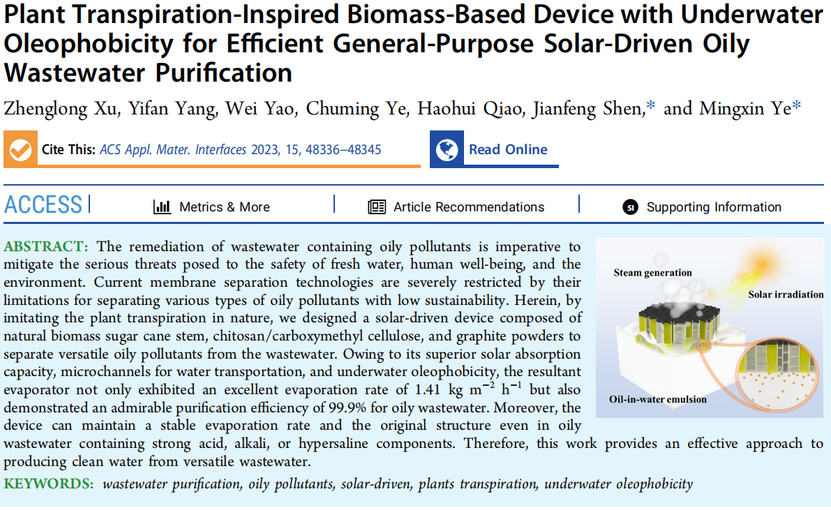Plant Transpiration-Inspired Biomass-Based Device with Underwater
Oleophobicity for Efficient General-Purpose Solar-Driven Oily Wastewater Purification
