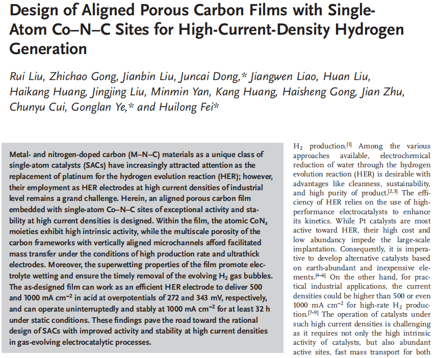 Design of Aligned Porous Carbon Films with Single Atom Co–N–C Sites for High-Current-Density Hydrogen Generation