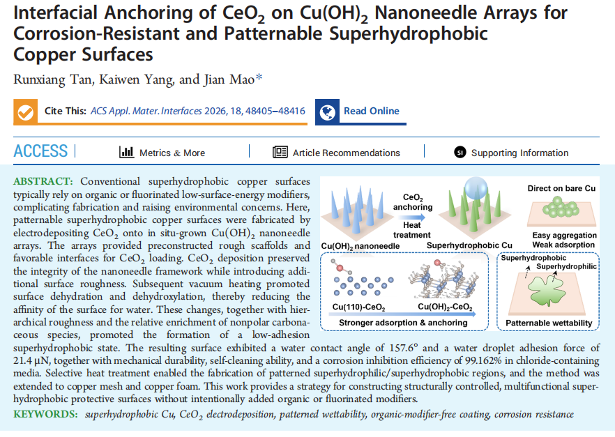 Interfacial Anchoring of CeO2 on Cu(OH)2 Nanoneedle Arrays for Corrosion-Resistant and Patternable Superhydrophobic Copper Surfaces