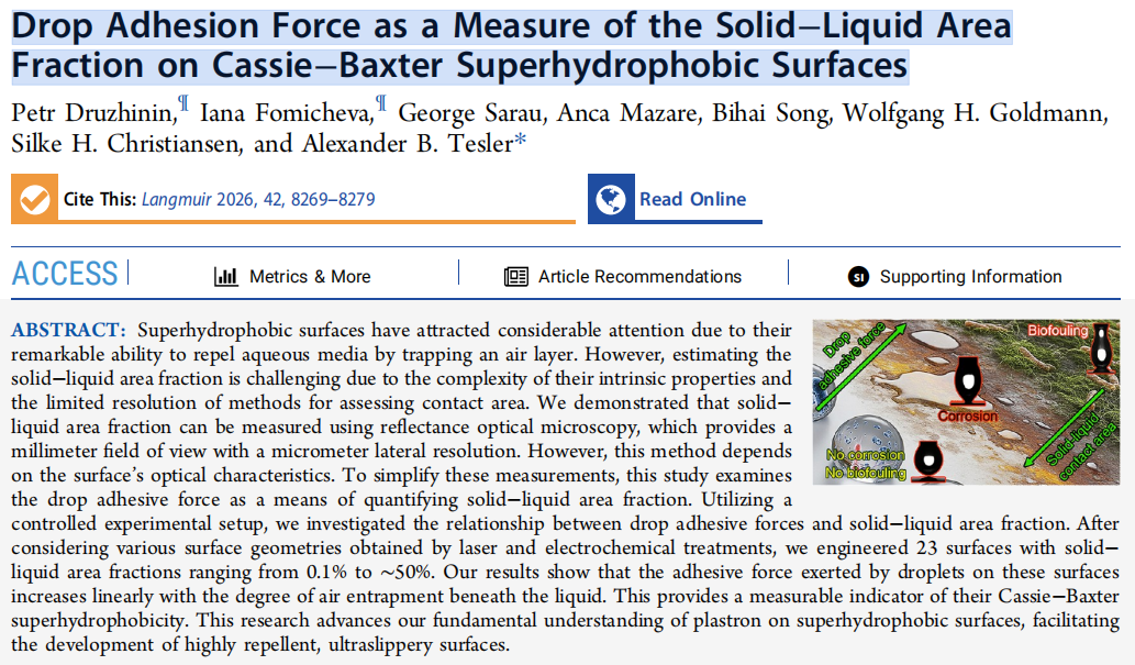 Drop Adhesion Force as a Measure of the Solid−Liquid Area Fraction on Cassie−Baxter Superhydrophobic Surfaces