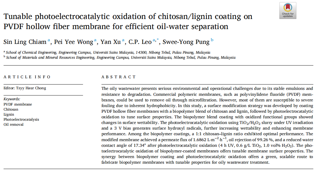 Tunable photoelectrocatalytic oxidation of chitosan/lignin coating on PVDF hollow fiber membrane for efficient oil-water separation