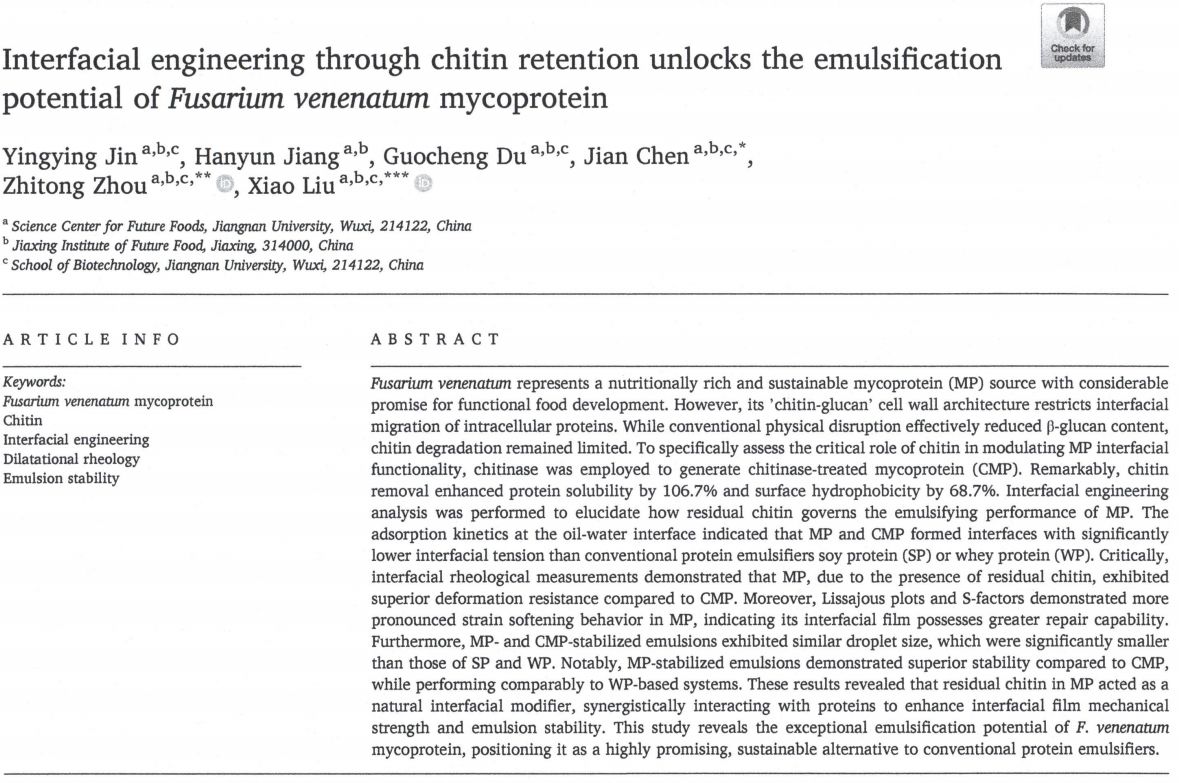 Interfacial engineering through chitin retention unlocks the emulsification potential of Fusarium venenatum mycoprotein