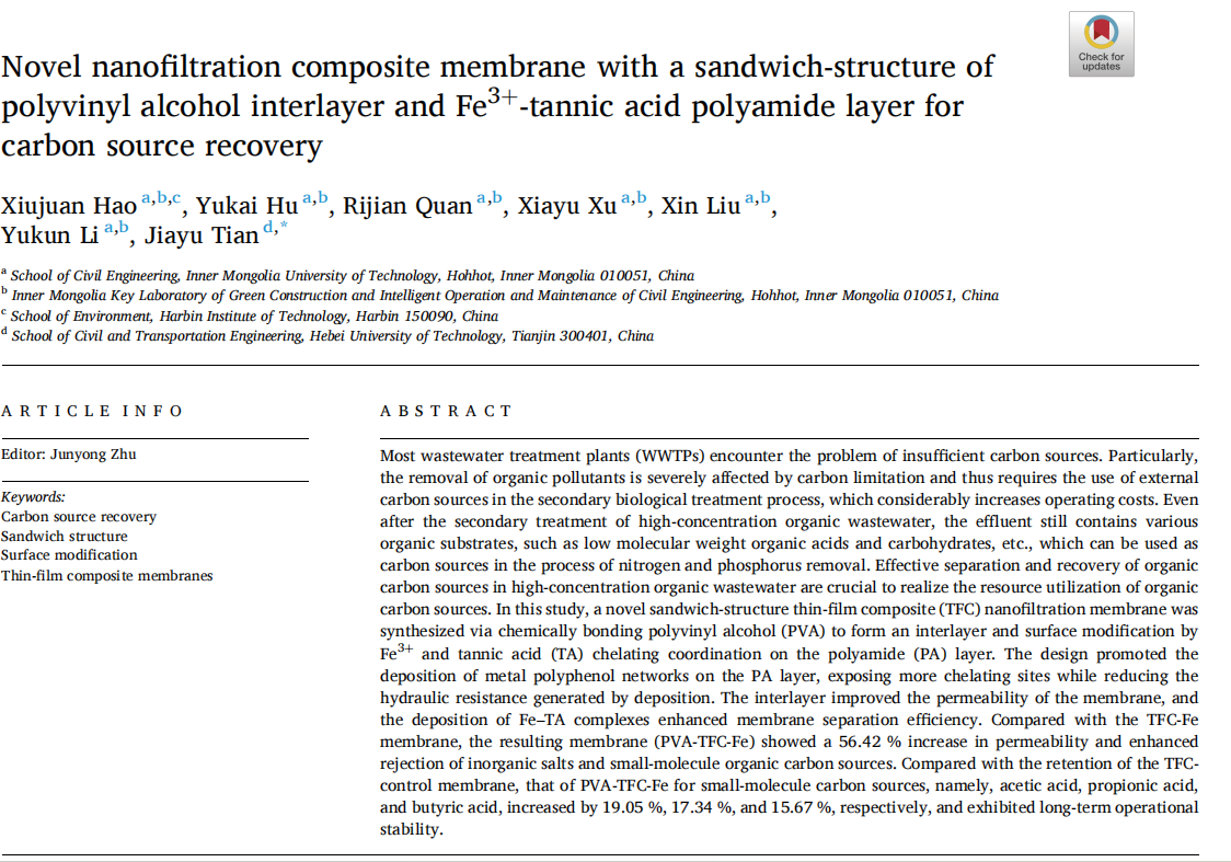Novel nanofiltration composite membrane with a sandwich-structure of polyvinyl alcohol interlayer and Fe3+-tannic acid polyamide layer for carbon source recovery