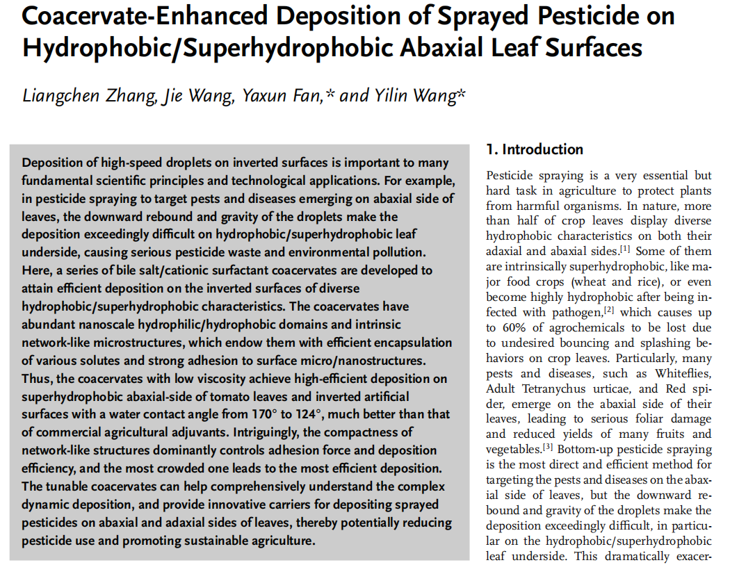 Coacervate-Enhanced Deposition of Sprayed Pesticide on Hydrophobic/Superhydrophobic Abaxial Leaf Surfaces