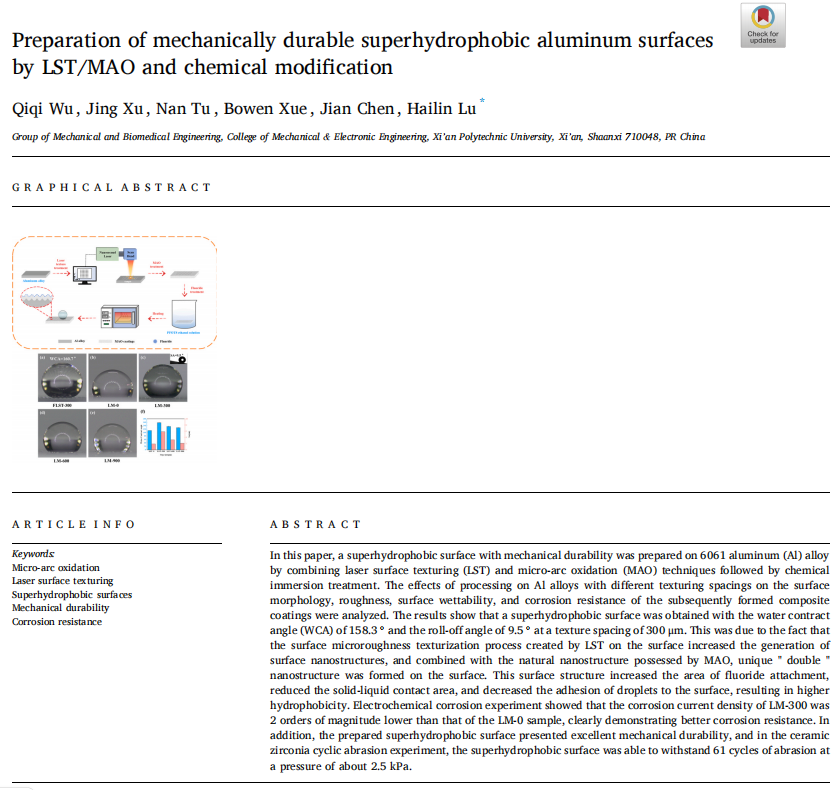 Preparation of mechanically durable superhydrophobic aluminum surfaces 
by LST/MAO and chemical modification