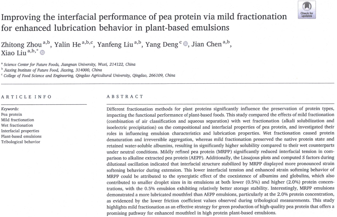 Improving the interfacial performance of pea protein via mild fractionation for enhanced lubrication behavior in plant-based emulsions