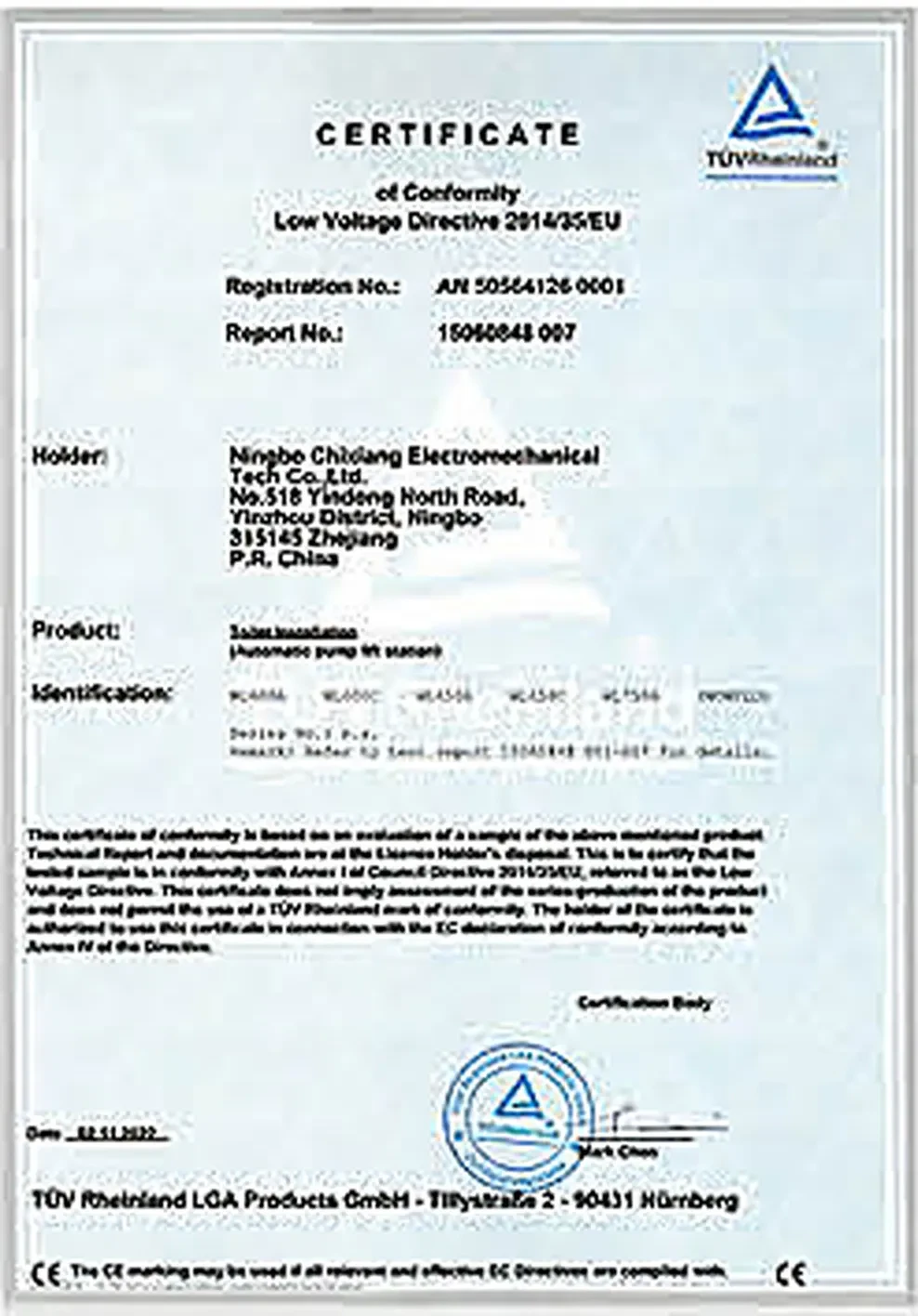 TÜV Rheinland CE certificate of conformity to the Low Voltage Directive 2014/35/EU, registration number AN 50564126 0001