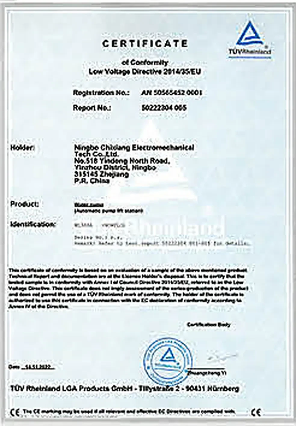TÜV Rheinland CE certificate of conformity to the Low Voltage Directive 2014/35/EU, registration number AN 50565452 0001