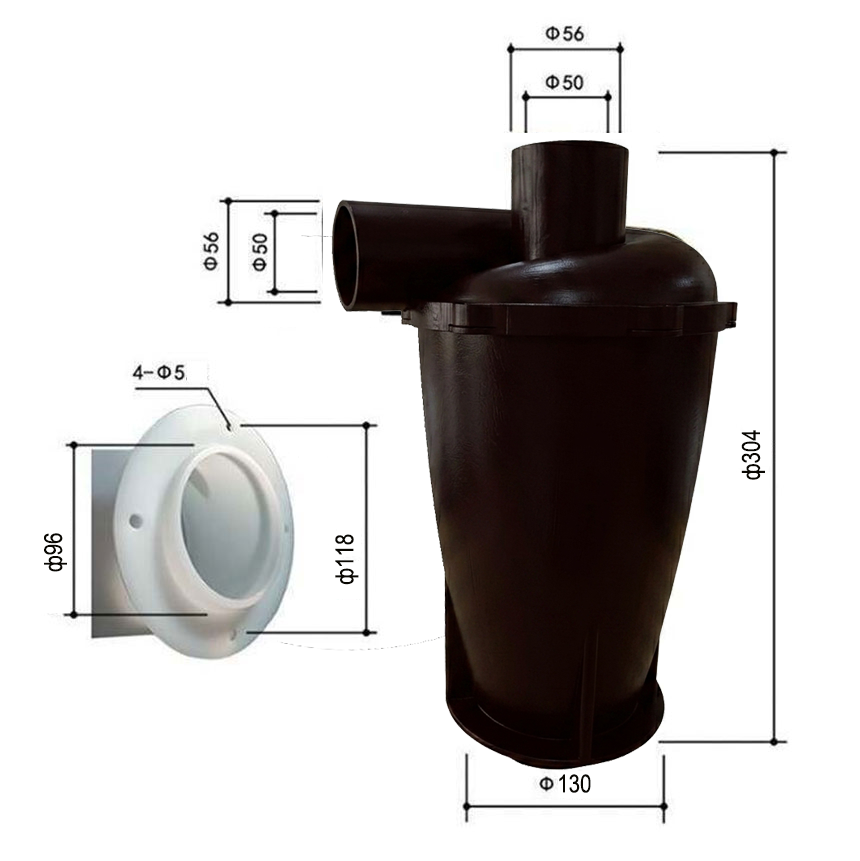 Conductive Black Cyclone Separator 50mm Inlet & Outlet 99.9% Filtration Efficiency, Max 210m³/h Air