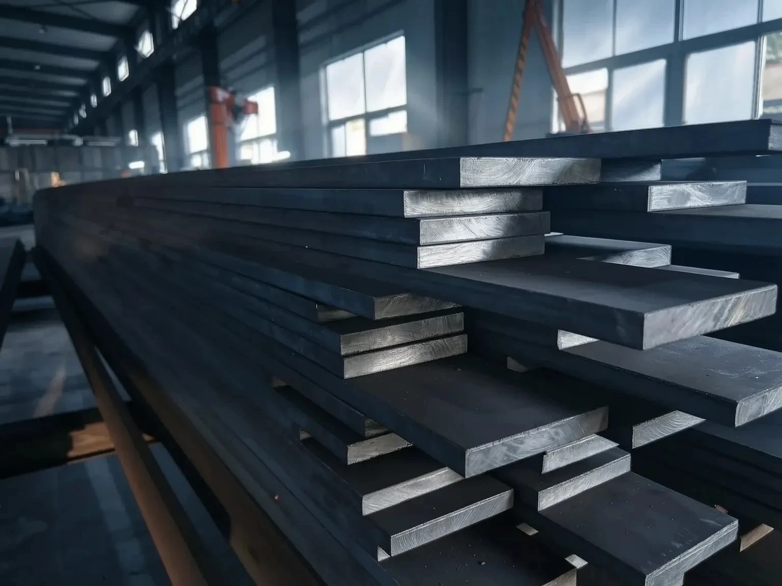 Neatly stacked tool steel plates in the workshop